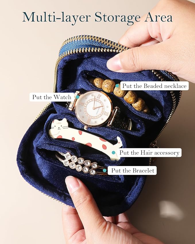 COOLYOUTH Travel Jewelry Case Organizer for Women Portable Jewelry Box with Small Pouches Mini Jewelry Bag for Rings, Bracelets, & Bangles with Smooth Metal Zipper (Navy Blue) - Image 3