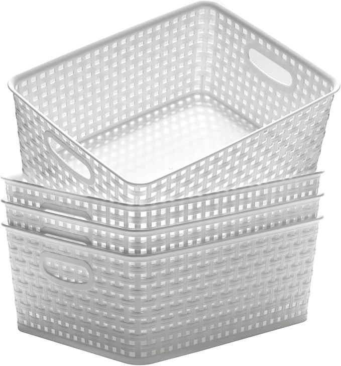 Eslite Plastic Storage Baskets for Organizing,11"X8.5"X4.7",Pack of 4 (White) by Eslite