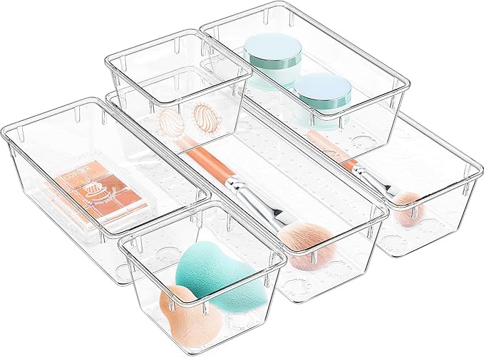 WOWBOX 6 Pack Clear Drawer Organizer Set, Acrylic Drawer Storage Trays, Storage Bins for Makeup, Cosmetics, Jewelries, Utensils, Gadgets, Office by WOWBOX