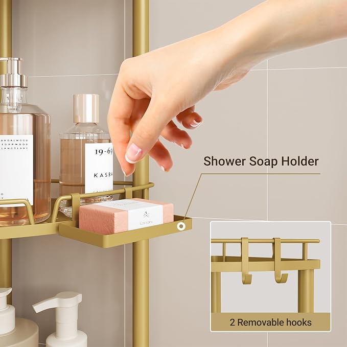 ELYKEN Corner Shower Caddy Standing, 3 Tier Rustproof Metal Shower Organizer with Soap Holder, Floor Shower Corner Shelf Rack Storage Stands with Adjustable Feet & 2 Hooks for Bathroom, Gold - Image 4