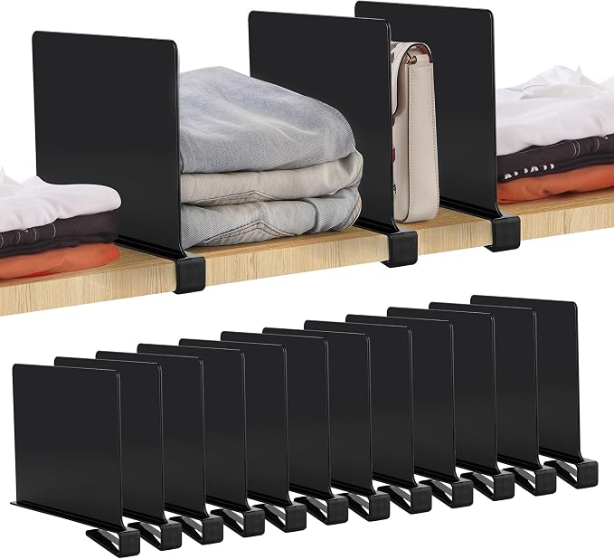 JOY DECOR 12 Pack Acrylic Matte Black Shelf Dividers for Closets Organizer and Storage Adjustable Vertical Wood Shelf Closet Separators for Clothes,Book,Bags in Bedroom and Kitchen by JOY+DECOR