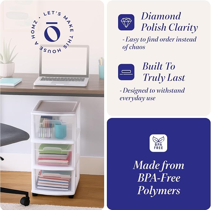 HOMZ Drawer Tower, 3-Tier Rolling Storage Cart with Removable Wheels, White Frame – Plastic Organizer with Clear Bin Drawers for Bedroom, Bathroom, Home Office, and Dorm Room - Image 5