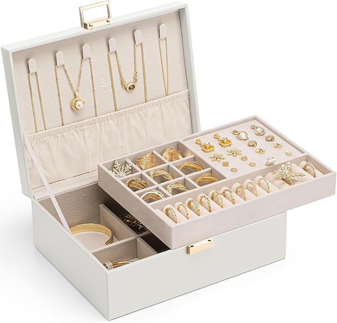 VLANDO Jewelry Box for Women, Gift for Women Girls,2 Layer Jewelry Box,Large Jewelry Organizer for Women Removable Jewelery Tray for Necklace Earrings Rings (Cloud White) by VLANDO