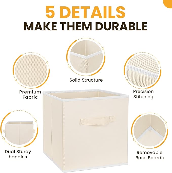 Criusia Large Storage Cubes, 13 Inch Cube Storage Bins for Shelves Closet Nursery Bedroom - 10 Pack Collapsible Storage Baskets with Handles - Fabric Bins for Organizing Clothes Blanket Toys (Beige) - Image 6