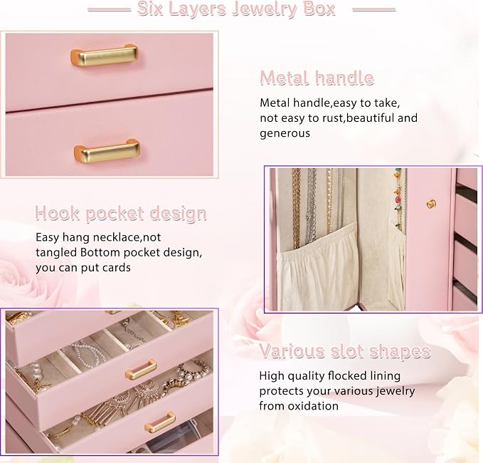 AKOZLIN 6-Tier Jewelry Box Organizer Functional Leather Jewelry Storage Case for Women Girls Ring Necklace Earring Bracelet Holder Organizer with Mirror - Image 5