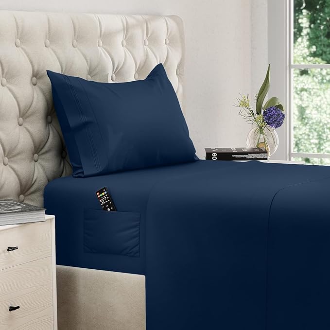 DREAMCARE Twin XL Sheet Sets - 3 pcs Breathable Cooling Bed Sheets - up to 21" Extra Deep Pocket Twin XL Sheets Set with Side Pockets - Extra Soft 100% Brushed Hypoallergenic Hotel Luxury -Navy Blue