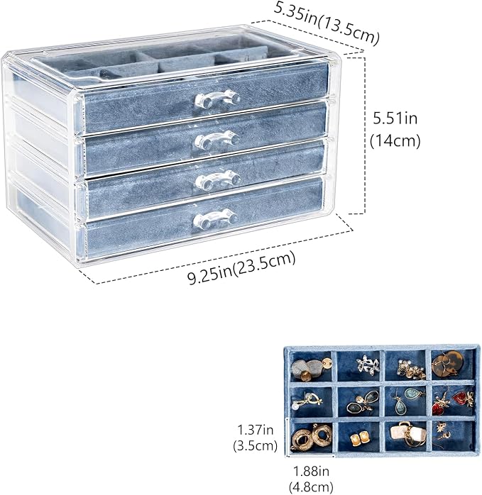 Lolalet Earring Holder Organizer Box Jewelry Storage with 4 Drawers, Clear Acrylic Stackable Earring Case with Adjustable Velvet Trays for Women on Dresser Vanity -Blue, 4 Layers - Image 4