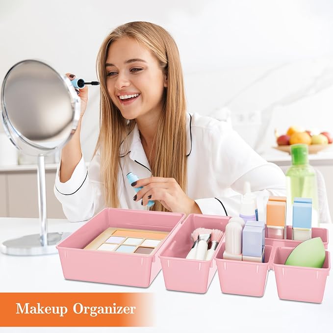 SpaceHacks 25 PCS Plastic Drawer Organizer Set, 4-Size Versatile Organizer Trays & Storage Bins for Makeup, Jewelry, and Gadgets in Bathroom, Bedroom and Office, Pink - Image 5