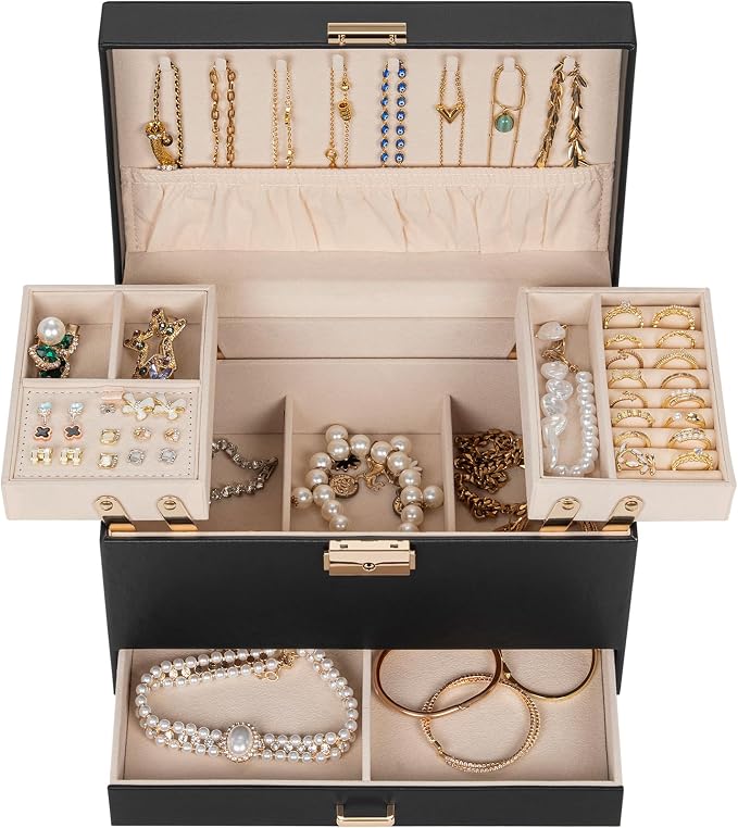 AKOZLIN Travel Jewelry Box Organizer Functional 2-trays Leather Jewelry Storage Case with Lockable Portable Drawer for Women Girls Ring Necklace Earring Bracelet - Image 2