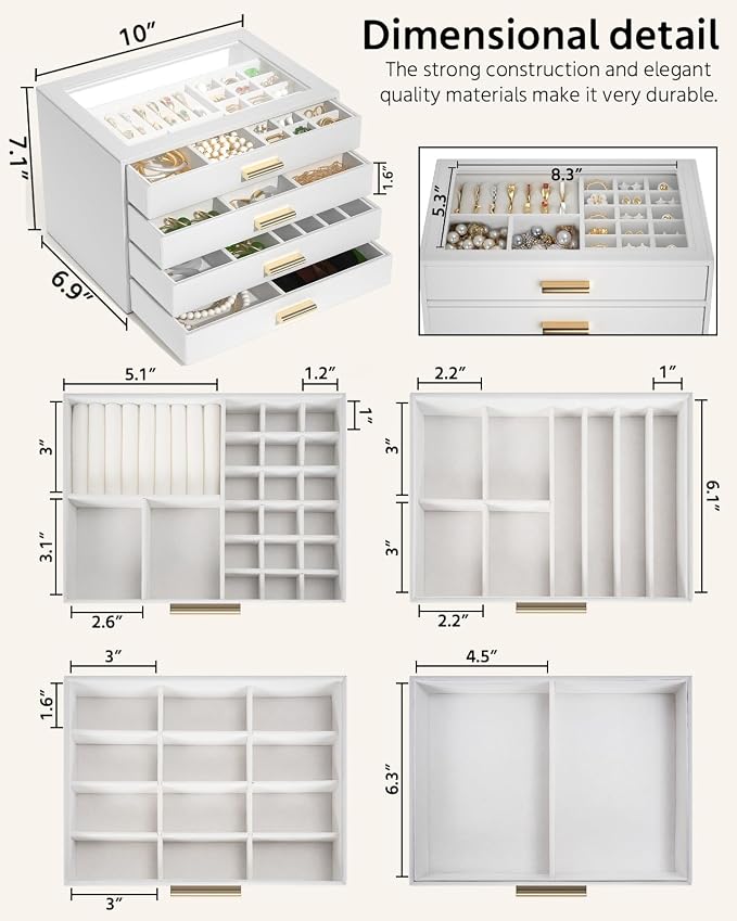 AKOZLIN Jewelry Box with Clear Lid Functional Leather Jewelry Storage Organizer Case 4 Drawers for Women Girls Necklace Ring Bracelet Earring - Image 4