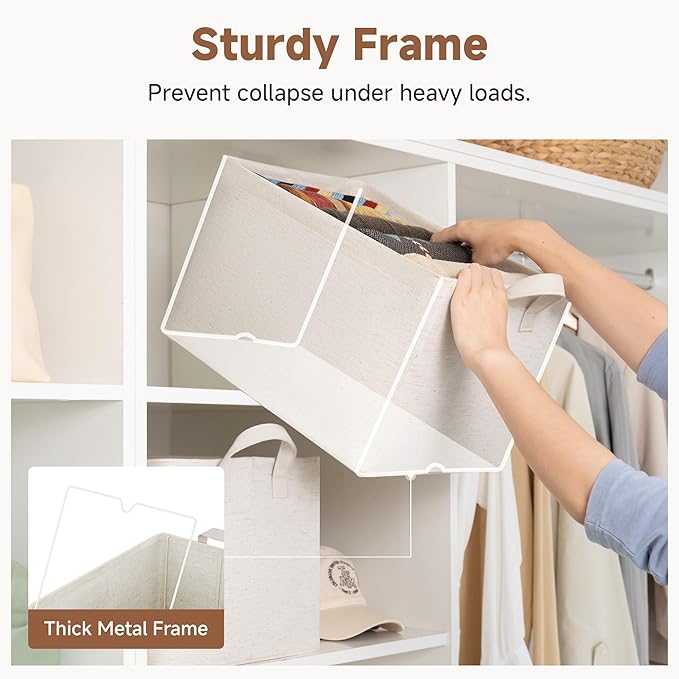 StorageWorks Storage Bins, Shelves Baskets for Organizing, Large Fabric Closet Organizers with Handles, Metal Frame, Beige-Cotton-linen, 2-Pack - Image 4