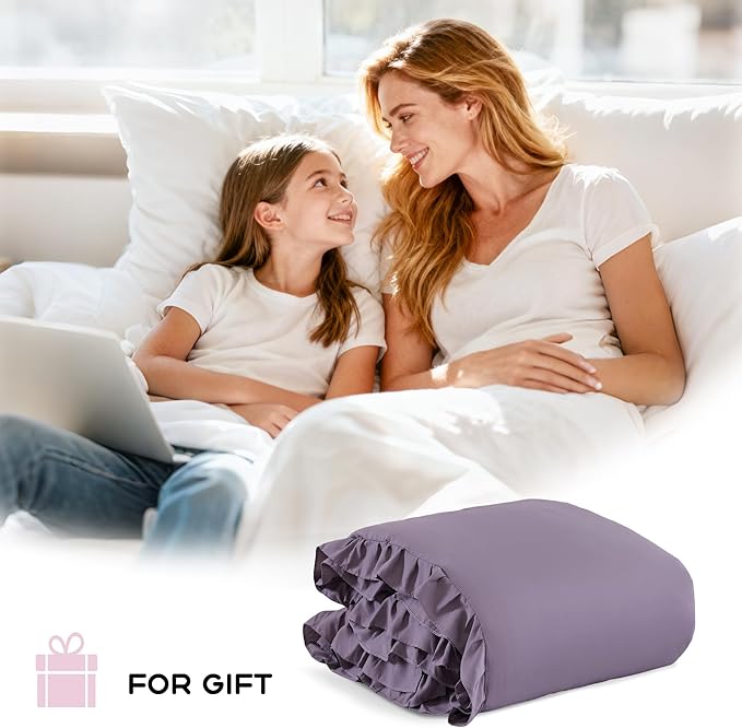 JANZAA Comforter Set Full Size Grayish Purple Ruffle Comforter 3PCS Soft Fluffy Comforter Vintage Farmhouse Bed Comforter Set Shabby Chic Bedding with 2 Pillowcases