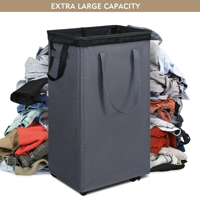 DOKEHOM 90L X-Large Laundry Basket with Removable Wash Bag on Wheels, Collapsible Rolling Laundry Hamper, Foldable Clothes Organizer, Folding Washing Bin (Grey) - Image 5