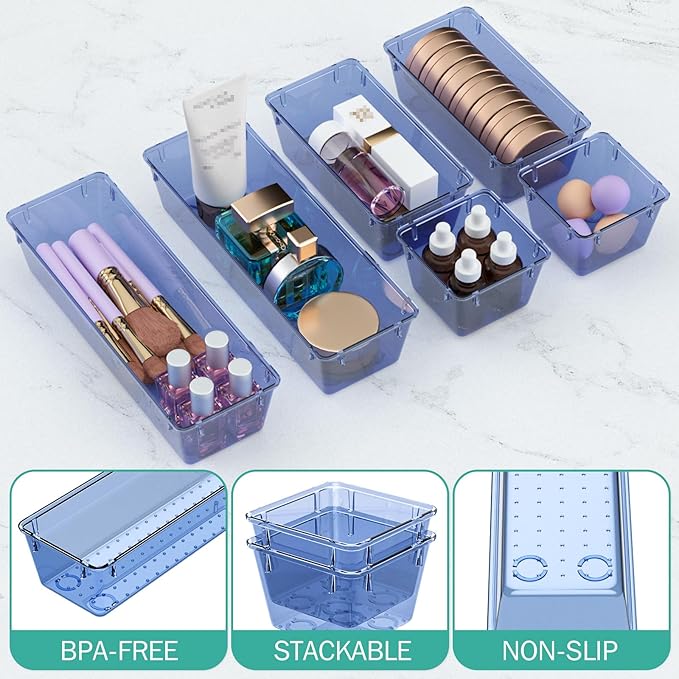 WOWBOX 9 Pack Clear Drawer Organizer Set, Acrylic Drawer Storage Trays, Storage Bins for Makeup, Cosmetics, Jewelries, Utensils, Gadgets, Office, Dark Blue - Image 3