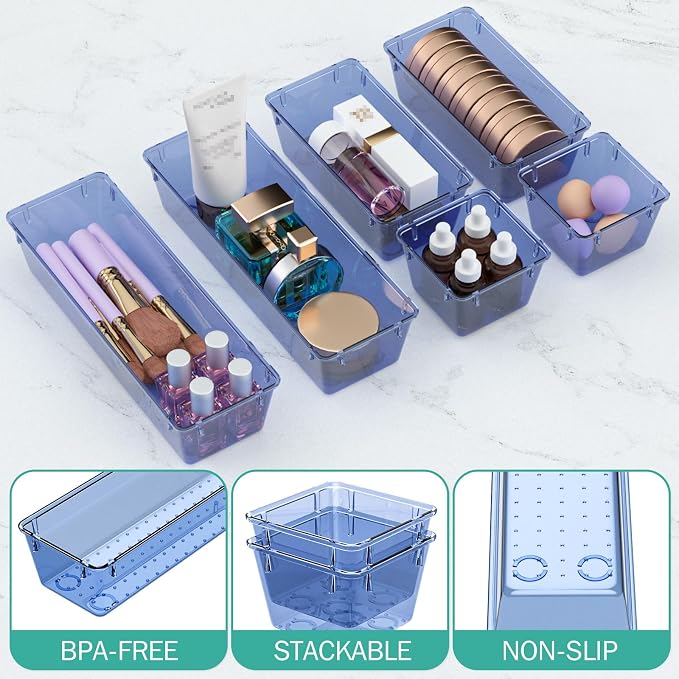 WOWBOX 6 Pack Clear Drawer Organizer Set, Acrylic Drawer Storage Trays, Storage Bins for Makeup, Cosmetics, Jewelries, Utensils, Gadgets, Office, Dark Blue - Image 3