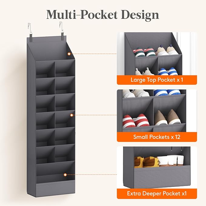 Lifewit 8 Tier Over the Door Shoe Organizer with 15 Large Deep Pockets, Fabric Hanging Shoes Shelf for Closet, Dorm Storage, Fit Up to 16 Pair Shoe Rack Holder for Sneakers, Boots, Gray - Image 6