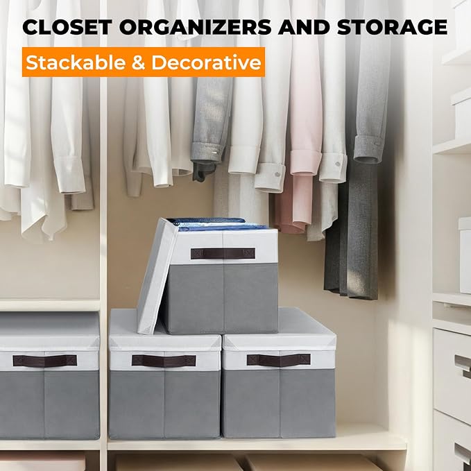 Extra Large Storage Baskets with Lids 4 Pack, 33 QT Throw Blanket Basket for Living Room - Stackable Decorative Closet Shelf Organizers and Storage Box for Organizing Clothes Towels Book - 16x12 in - Image 3