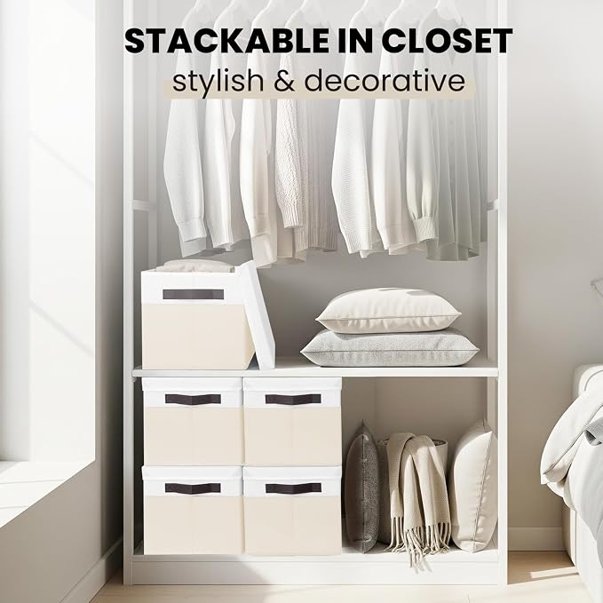 Large Nursery Closet Organizer Bins with Lids 4 Pack - 23 QT Decorative Storage Baskets for Living Room Bedroom Shelf - Stackable Storage Boxes with Lids Handles for Clothes Sweater Book Towel Purse - Image 4