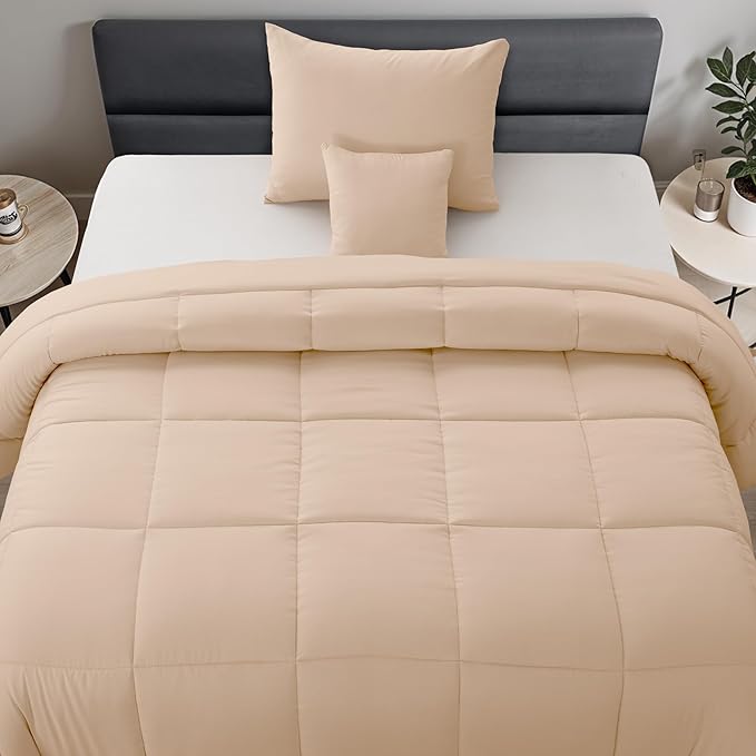 LUX Décor 4pc Twin Comforter Set, All-in-One Bed in a Bag, Includes 1 Comforter, 1 Pillow Shams, 1 Decorative Pillow & 1 Bed Skirt (Beige, Twin)