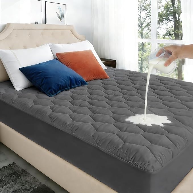 Queen Mattress Protector Waterproof Washable Mattress Padded Cover Fitted Queen Size Bed Protection Noiseless Plastic Bed Pad Deep Pocket Up to 18“ Soft and Breathable（Gray）
