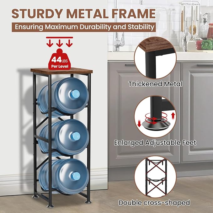 5 Gallon Water Jug Holder, 3-Tier Water Bottle Holder with Wood Top Shelf, Heavy Duty Water Cooler Jug Rack, Water Dispenser Storage Stand for Kitchen Office and Living Room - Image 4