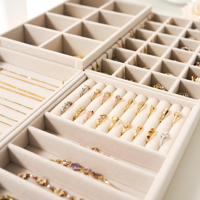 Velvet Jewelry Drawer Organizer Trays – 4-Layer Stackable Jewelry Storage Inserts Set, Beige Jewelry Tray Set for Earrings, Rings, Necklaces, Bracelets with Removable Dividers for Dresser & Vanity - Image 6