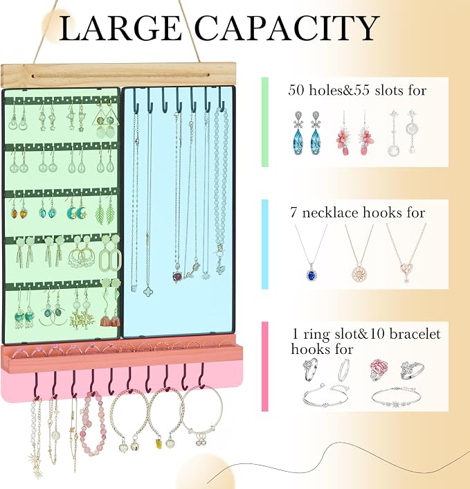 Feyejade Hanging Jewelry Organizer, 5-Tier Wall Earring Holder with Wooden Ring Groove, Jewelry Rack Wall Mounted for Earrings, Necklaces, Bracelets and Rings, Jewelry Holder Stand, Black - Image 4