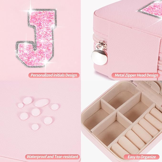 Uygafly Travel Jewelry Case - Personalized Jewelry Box for Women,Small Jewelry Organizer Cute Jewelry Organizers and Storage Aesthetic,Travel Essentials Birthday Gifts for Girls Women | Pink,J - Image 4