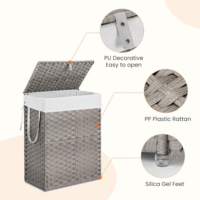 DUMOS Woven Laundry Basket with Lid, 90L Large Capacity Hamper, Removable & Machine-Washable Liner, Foldable Rattan Clothes Hamper, Sturdy Steel Frame, Odor Control, Dove Gray - Image 3