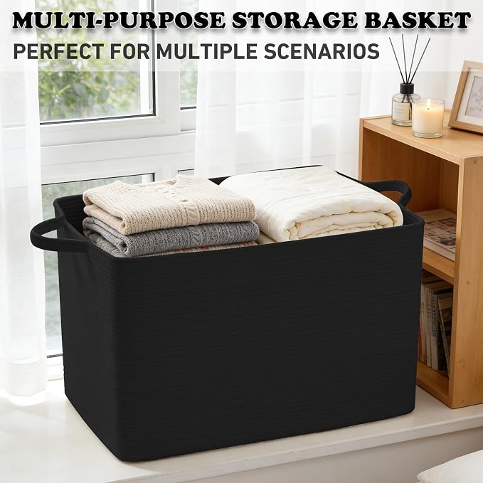 Large Blanket Basket,Woven Rope Basket Storage Bin with Handles,65L Rectangle Laundry Basket for Magazines,Toys,Clothes,Newspaper Shelf Organization,Nursery and Living Room,Black - Image 6