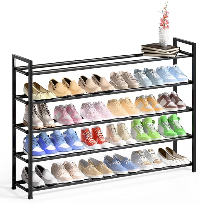 Bumusty 5-Tier Long Expandable Shoe Rack for Closet, 18"-44" Adjustable Shoe Rack for Entryway, 25-30 Pairs Large Shoe Organizer Shelf Storage, Sturdy Metal, Black by BUMUSTY