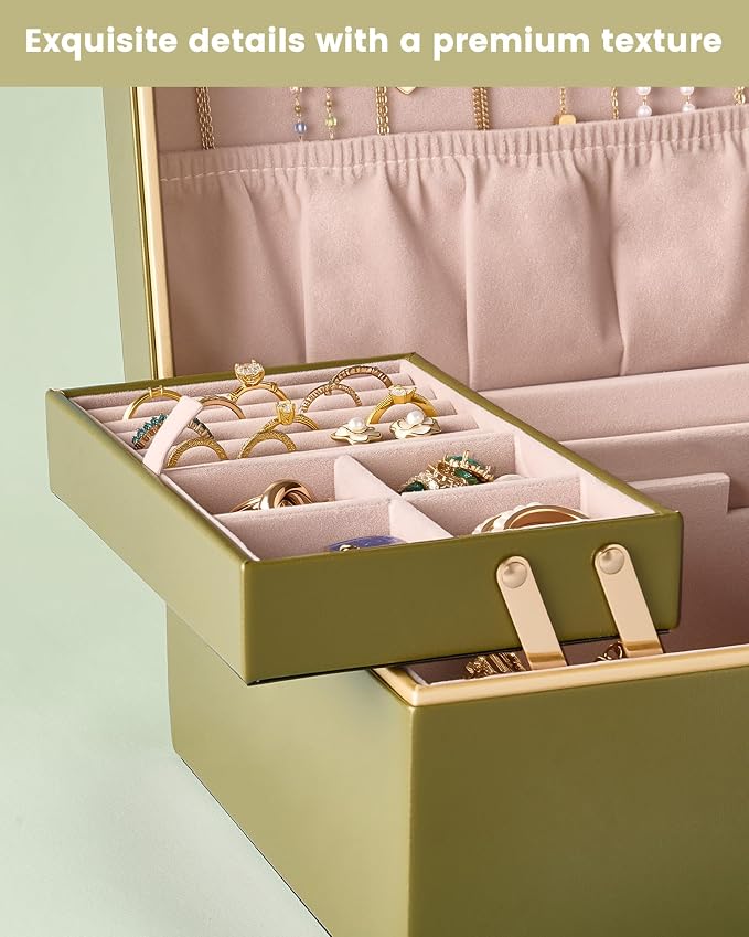 Lolalet Jewelry Box Organizer for Women Girls, 2 Layer Jewelry Organizers and Storage for Necklace Earrings Rings Bracelets, Large Jewellery Holder Case Birthday Mothers Day Gifts -Olive Green - Image 6