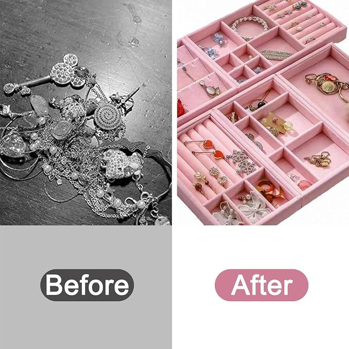 12Pcs Velvet Stackable Jewelry Trays, Jewelry Drawer Organizer, Large Removable Display Jewelry Tray, Necklace Bracelet Storage Box for Earring, Ring, Brooch, Watch (Pink) - Image 5