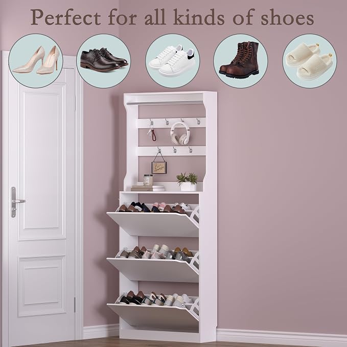 BORNOON Shoe Cabinet with 3 Flip Drawers & Coat Rack, Narrow Hidden Shoe Storage Cabinet, 2-in-1 Hall Tree Slim Freestanding Shoe Rack Organizer for Entryway, Hallway, and Living Room - Image 4