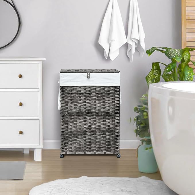 70L Slim Laundry Hamper with Lid & Wheels, 2-Park Rolling Laundry Basket with 4 Removable Liner Bags & 3 Mesh Bags, Narrow Dirty Clothes Basket, Foldable Handwoven Rattan Laundry Sorter, Grey - Image 3