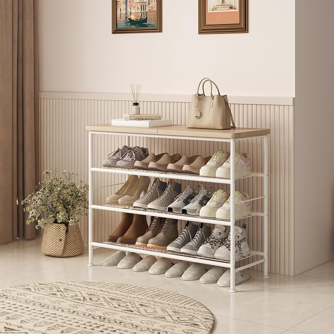SUOERNUO Shoe Rack Organizer 4 Tier for Closet Entryway Free Standing Metal Storage Shoe Shelf with MDF Top Board，White+Oak - Image 2