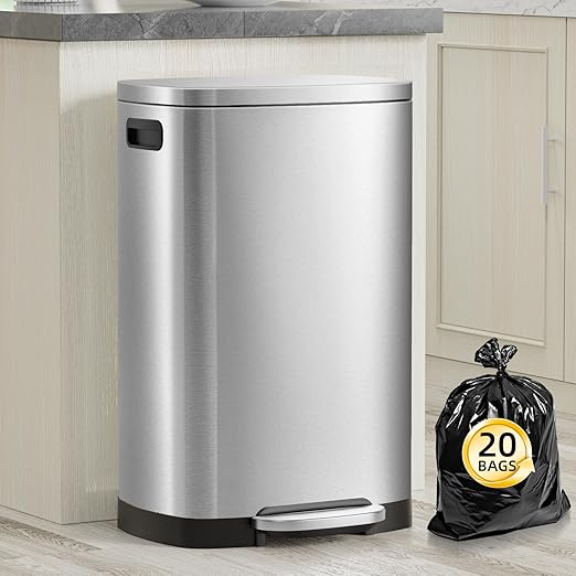 KdbK 13 Gallon Trash Can with Lid, 50L Fingerprint Proof Stainless Steel Kitchen Trash Can with Removable Inner Bucket and Lid Soft Close, Pedal Rubbish Bin for Home Office by trashcan