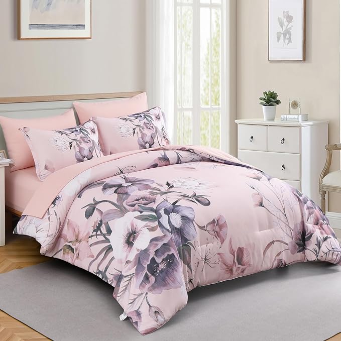 Luxudecor Floral Comforter Set Full Size 7 Piece, Blush Pink Flower Bed in a Bag, Elegant Comforter Bedding Set for All Season (Blush Pink, 80"x90")