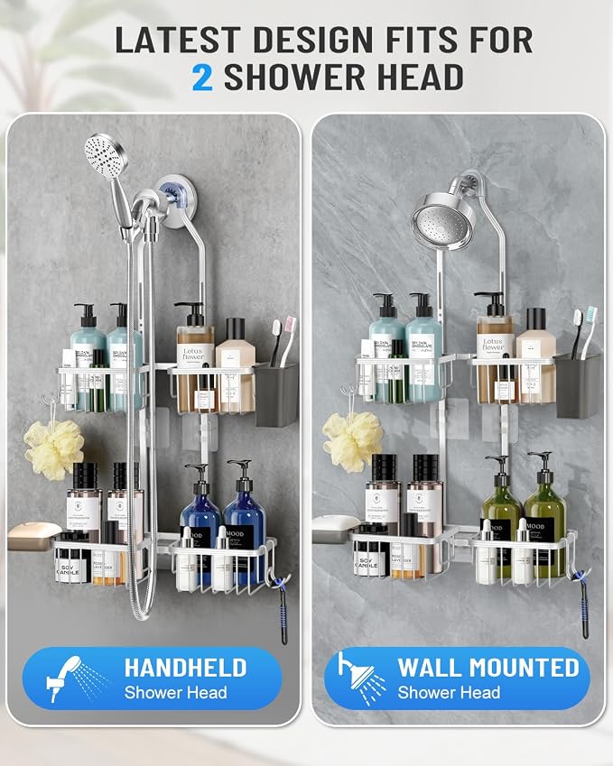 Adjustable Shower Caddy Hanging for Handheld Showerheads - Upgraded Never Rust Shower Hanging Organizer, Bathroom Shower Rack with Soap Basket, Hooks and Toothbrush Holder (Shiny Silver) - Image 3