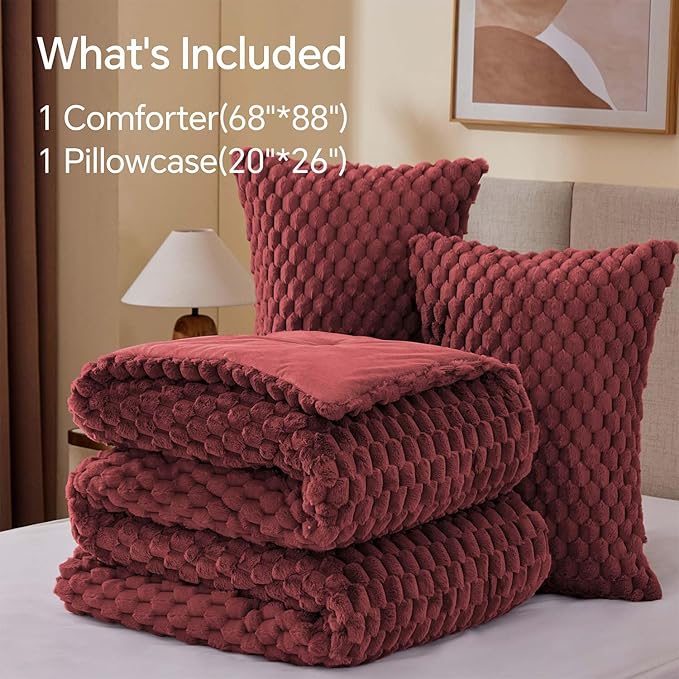 BEDELITE Fluffy Twin Comforter Set - Burgundy Fleece Soft Comforter for Twin Size Bed, Luxury Warm Bedding Set for Winter, Fuzzy Bed Set 2 Pieces (1 Comforter, 1 Pillowcase)