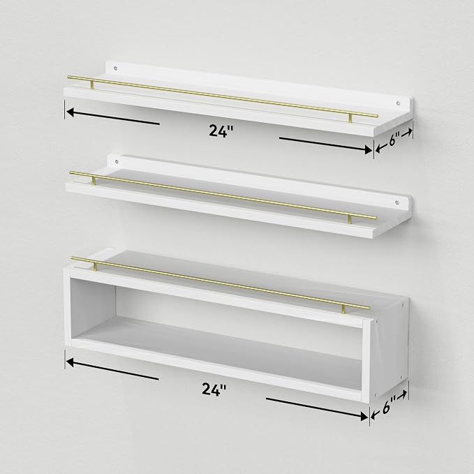 WOPITUES Floating Shelves for Wall 24 inch with Cube Shelf, Wall Shelves with Metal Rail for Decor, Bathroom Organizers and Storage, Over Toilet Shelves for Bathroom, Toilet Paper-White&Gold - Image 3