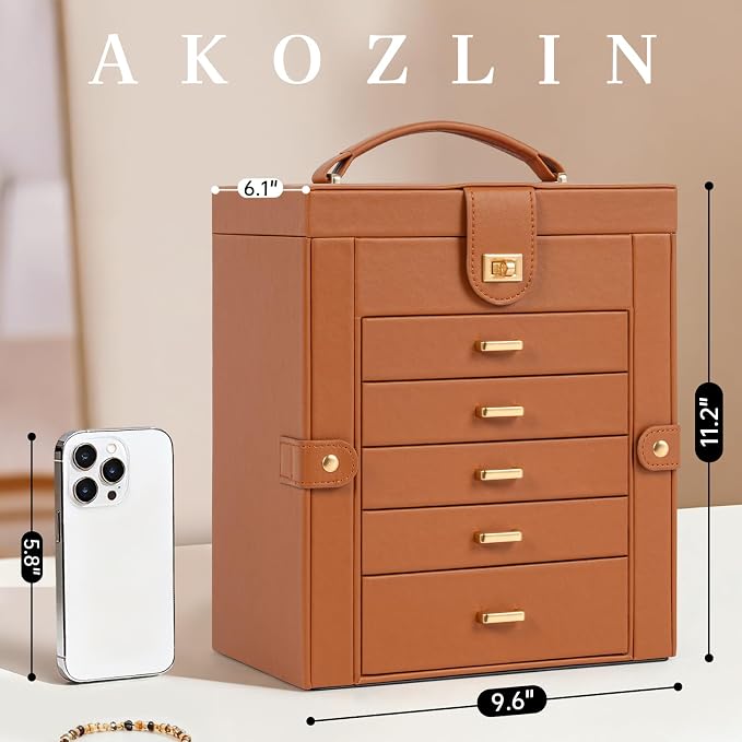 AKOZLIN 6-Tier Jewelry Box Organizer Functional 5 Drawers Leather Jewelry Storage Case for Women Girls Ring Necklace Earring Bracelet Holder Organizer with Mirror Dark Orange - Image 2