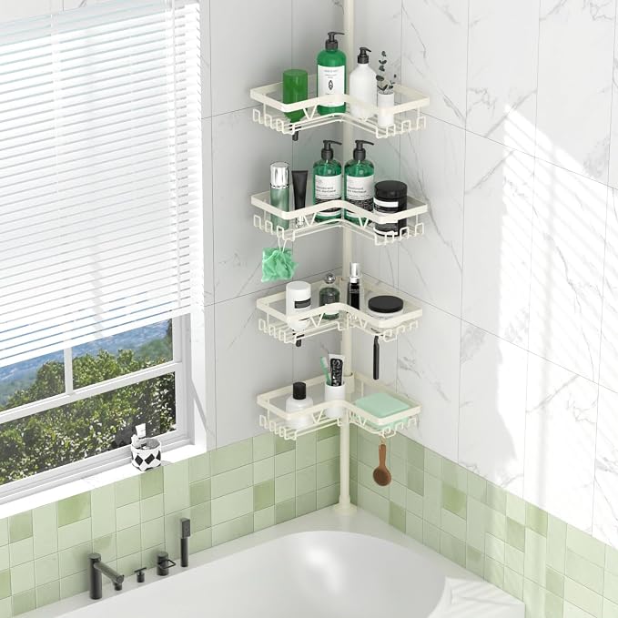DAOYA Corner Shower Caddy Tension Pole, 4-Tier Adjustable Corner Shower Caddy with Soap Dish & Razor Holder, Stainless Steel Tension Pole Shelf Fits Bathtub & Floor 25-114.2 inches(Off-white) - Image 6