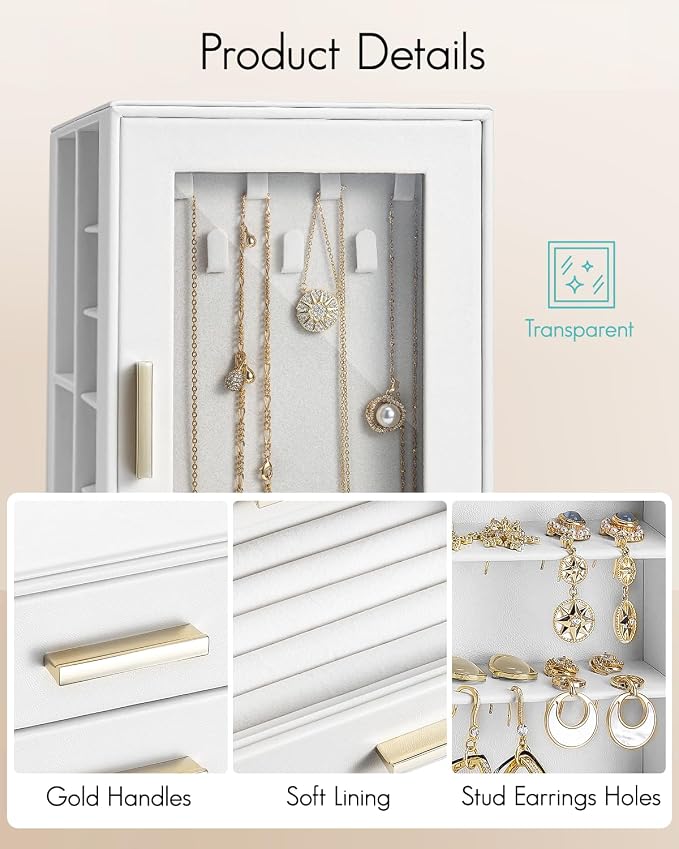 VLANDO 360° Rotating Jewelry Box with 5 Drawers, Large Jewelry Storage with 2 Glass Window, PU Leather Jewelry Organizer for Bracelets, Necklaces, Earrings, Rings - White - Image 6
