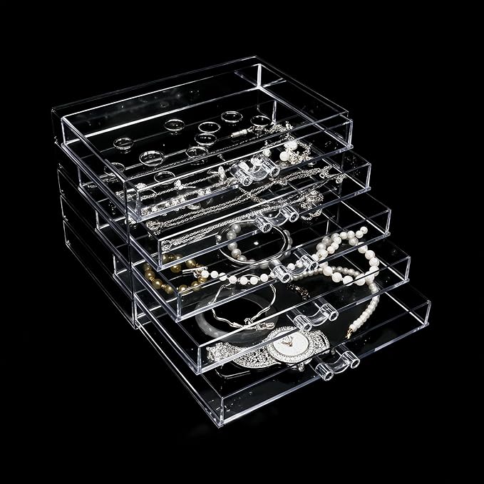 Clear Acrylic Jewelry Storage Box, Earring Jewelry Organizer with 5 Drawers, 5-Layer Jewelry Box for Women, Earring Display Holder for Earrings Ring Bracelet Necklace Transparent Display Storage Case by Euedue