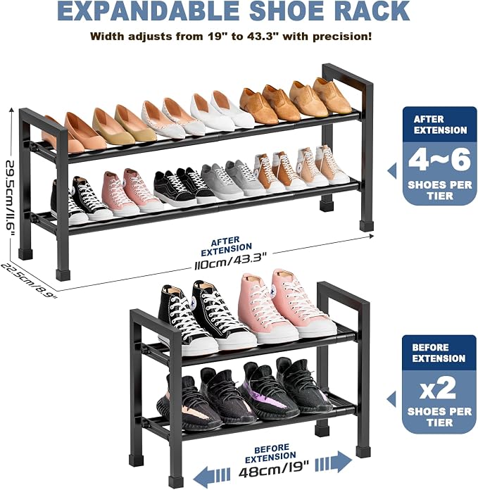 Mavivegue Expandable Shoe Rack, 2-Tier 19"-43.3" Adjustable Shoe Rack for Closet,Hall Entryway,Front Door,Garage, Sturdy Steel Space-Saving Rack, Black​ - Image 3