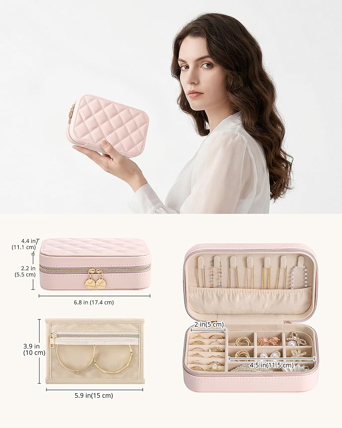 Lolalet Travel Jewelry Case for Women Girls, PU Leather Jewelry Organizer with Clear Storage Bag Small Portable Jewelry Box for Necklace Bracelet Earring Ring Mothers Day Birthday Gifts -Medium/Pink - Image 5