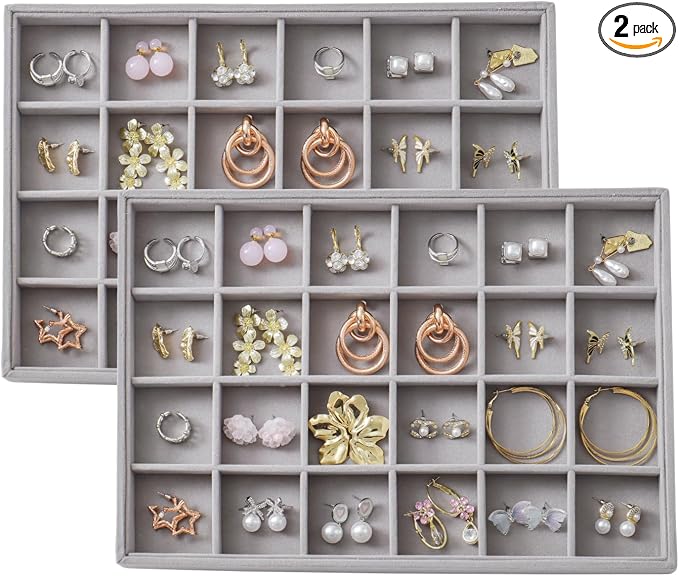 Large Velvet Jewelry Tray 2 Pack Stackable Jewelry Display Drawer Inserts Trays Organizer for Earring Bracelet Necklace Ring (Gray, 24 Grids) by Unknown