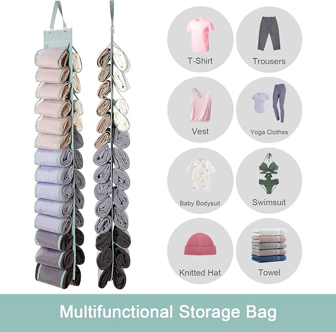 DHSFKBE Legging Organizer Storage - 2PCS T Shirt Organizer, Hanging Closet Organizers and Storage with 26 Roll Independent Compartments for Yoga Pants, Towel, Bathing Suit (Grey) - Image 4