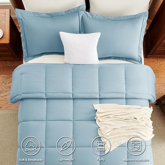 CozyLux King Size Comforter Set - Light Blue Comforter King Size, 3 Pieces Box Stitched Bed Set for All Seasons, Soft Lightweight Bedding Sets with 1 Down Alternative Comforter and 2 Pillow Shams